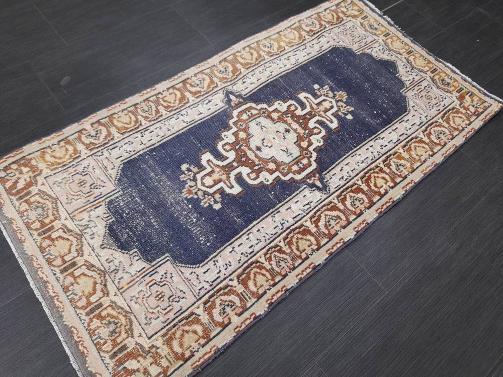 Blue Vintage Rug 2.3 x 4.4 Rug Oushak Rug, Wool Oriental Rug Hand Made Rug Persian Rug, Vintage Turkish Rug Hand Knotted Wool Rug