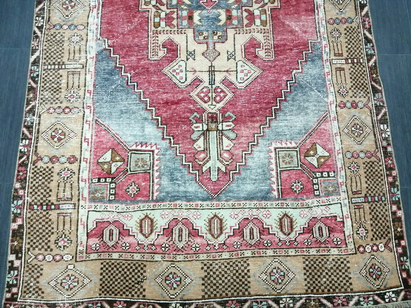 Muted OUSHAK RUG 4.2 x 8.3 Muted Vintage Rug Vintage Rug Ice Blue Wool Oushak Rug Hand Made Rugs Vintage Turkish Rug