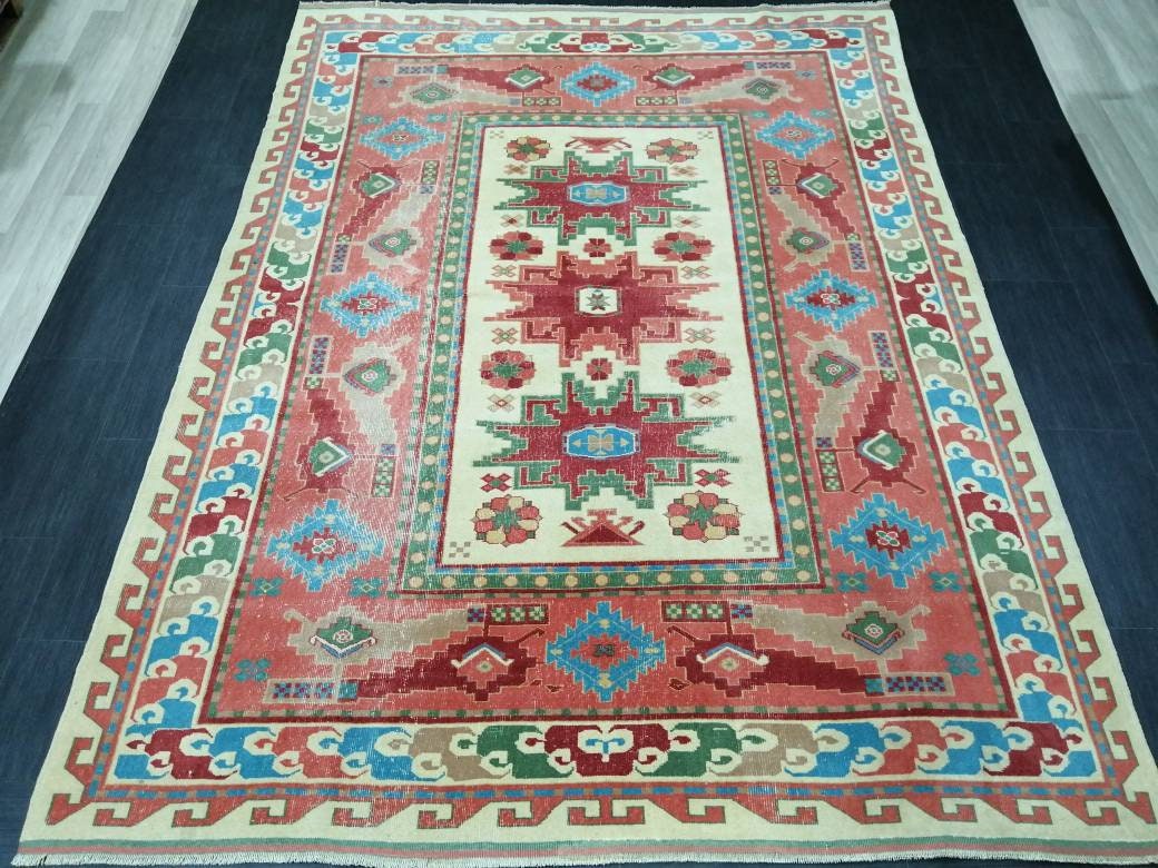 Vintage Rug 6.7 x 9 TURKISH HAND MADE Rug Vintage Turkish Rugs Oushak Rug Turkish Oushak Rug, Vintage Oushak Rug, Wool Rug