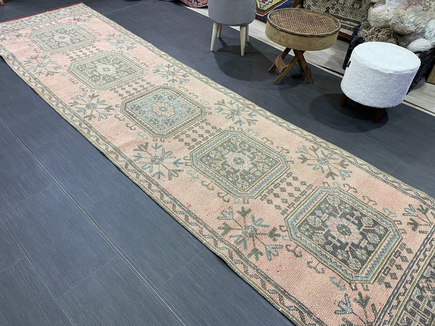 Antique Oushak Runner Rug, Vintage 3 x 11.3 Runner Rug, Hallway Runner Rug, Distressed Runner Rug, Wool Runner Rug, Handmade Runner