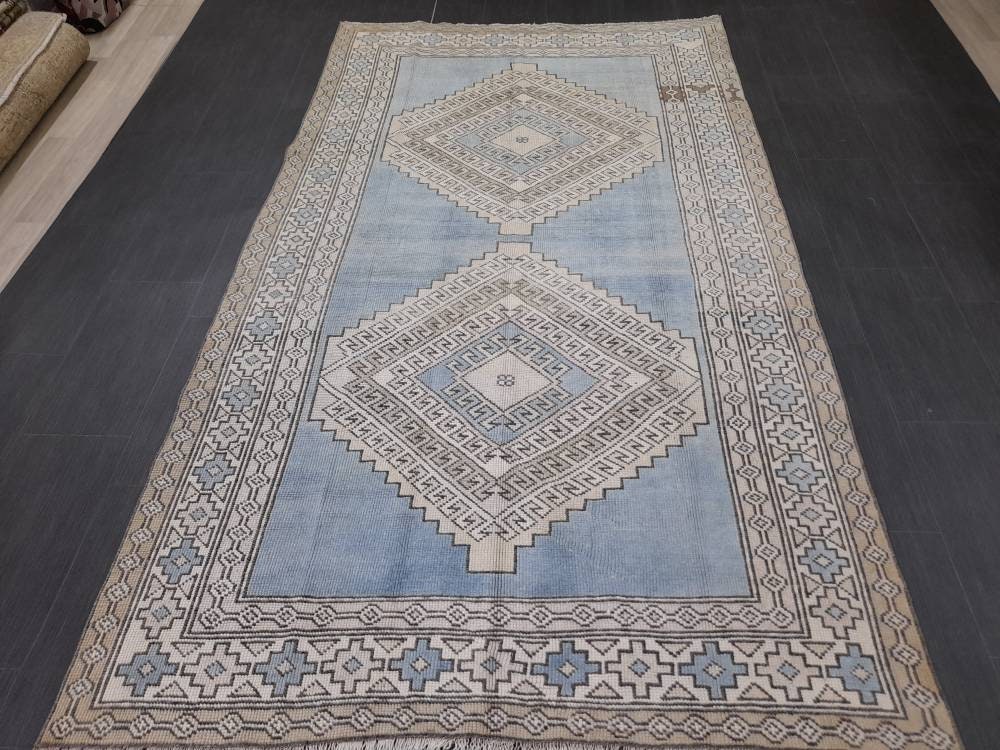 Quality Handmade Rug 4.8 x 8.4 Vintage Rug Oushak Rug Wool Boho Rug, Persian Rug Fun Turkish Rug LIGHT Blue Rug Ice Blue Oriental Wool rug