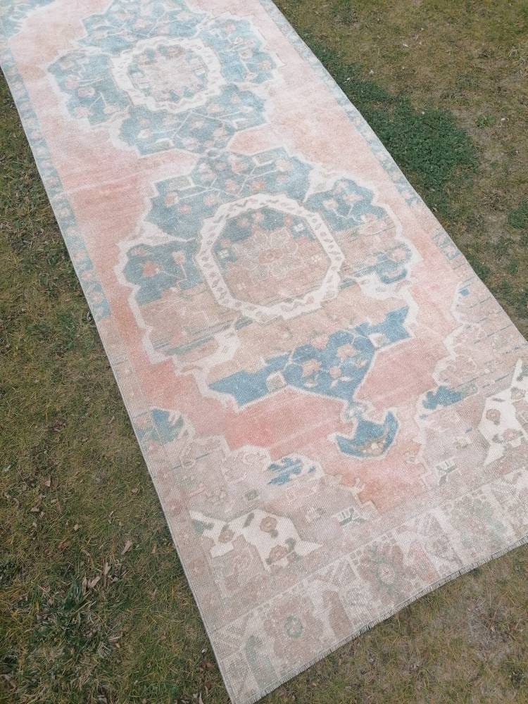 3.10 x 10.7 Muted vintage rug, oushak runner rug hallway runner, kitchen vintage anatolian rug