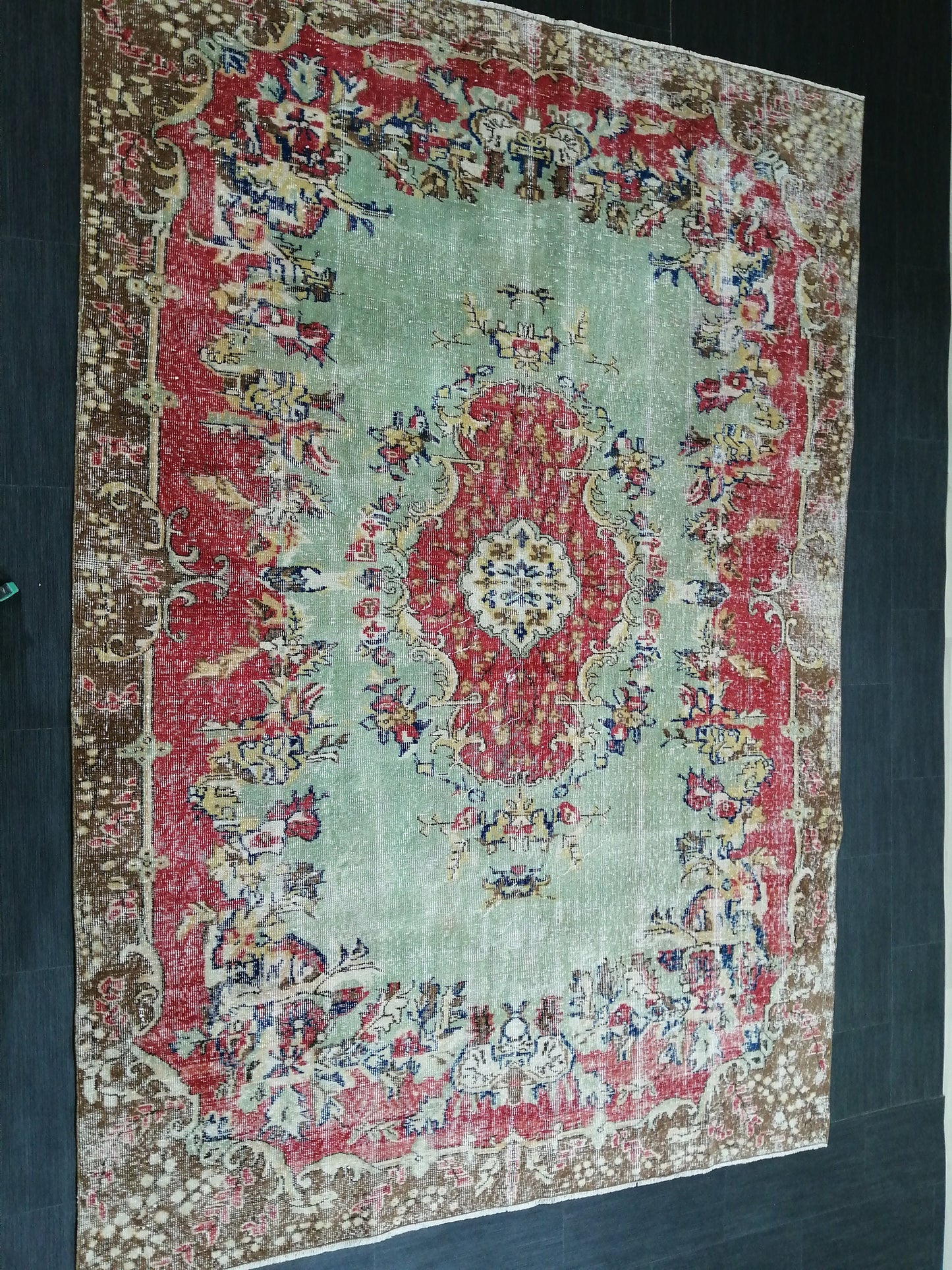 9.5x6.7 Rugs, Hand Made Rug, Oushak Rug, Rustic Rug, Light Green And Red Rug, Rug Runner, Turkish Rug, Farmhouse Rug, Vintage Rug, Wool rug