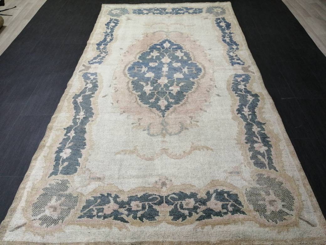 Persian Rug, Muted Vintage Rug, 5x9 Blue Turkish Rug, Wool Entryway Rug, Livingroom Rug Oushak Rug Navy Oriental Rug