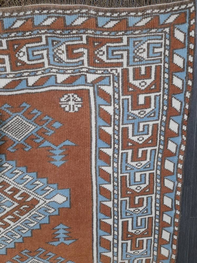 Turkish Rug 4.6 x 7.5 Vintage Oushak Rug Light Blue and Brown Vintage Rug Wool Muted Oushak Rug Hand Made Rugs Vintage Turkish Rug