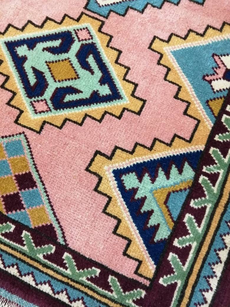 3 x 4.5 PINK AND NAVY Rug Hand Made Rug, High Pile Oushak Rug, Boho Rug, Oriental Rug Plush Turkish Rug, Farmhouse Rug, Vintage Wool rug