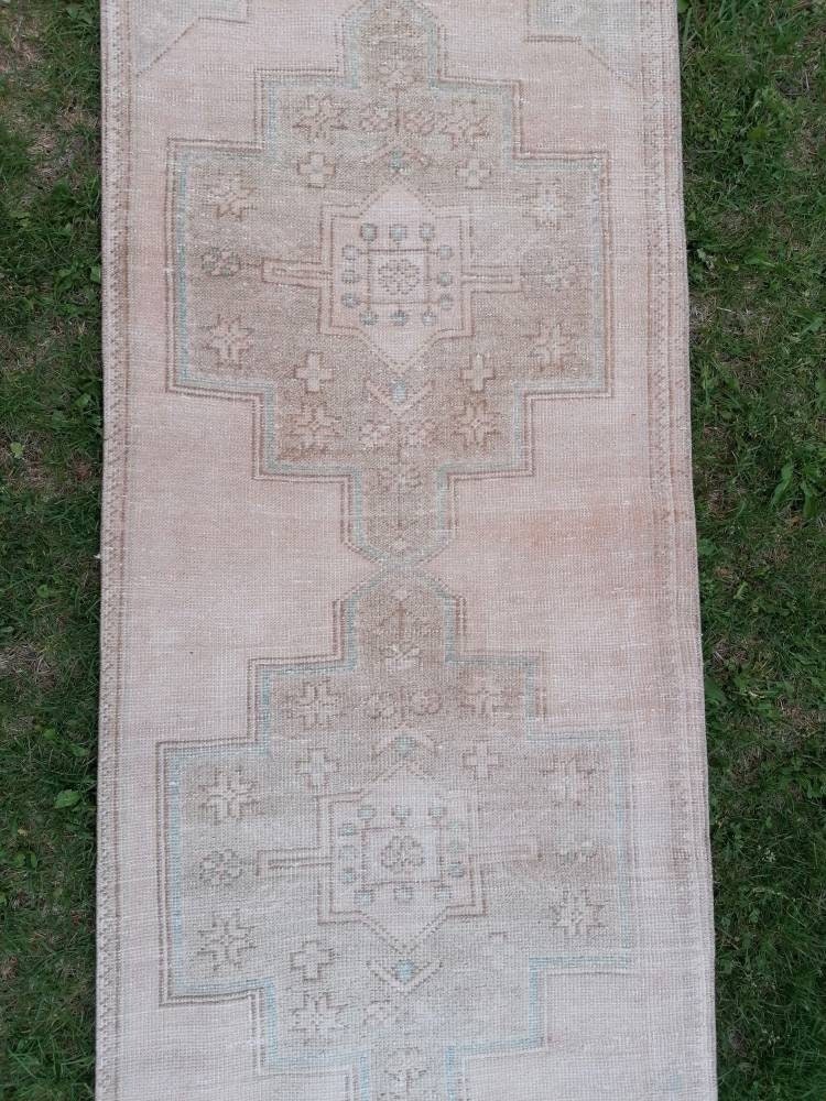 Muted hallway wool runner rug 2'7x8'4 handmade runner vintage oushak runner, turkish runner rug