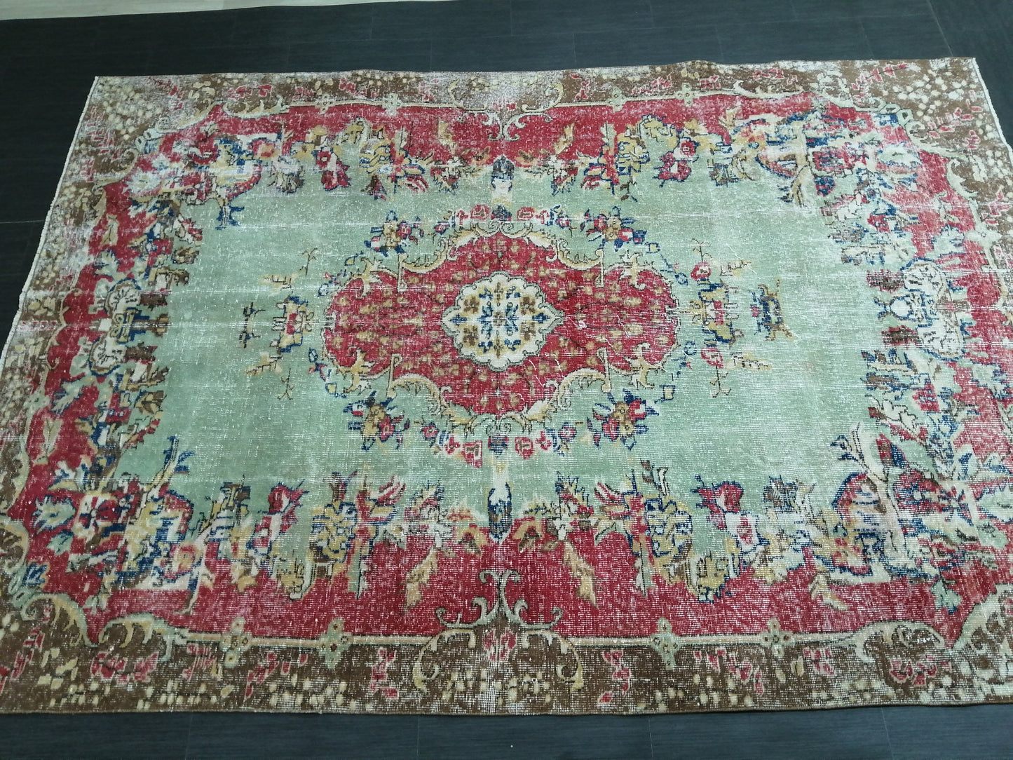 9.5x6.7 Rugs, Hand Made Rug, Oushak Rug, Rustic Rug, Light Green And Red Rug, Rug Runner, Turkish Rug, Farmhouse Rug, Vintage Rug, Wool rug