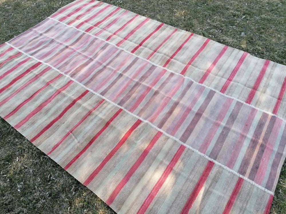 Flatwoven kilim rug, stripe turkish hand made rugs 6'7*10 vintage turkish rugs oushak rug vintage oushak rug, wool rug