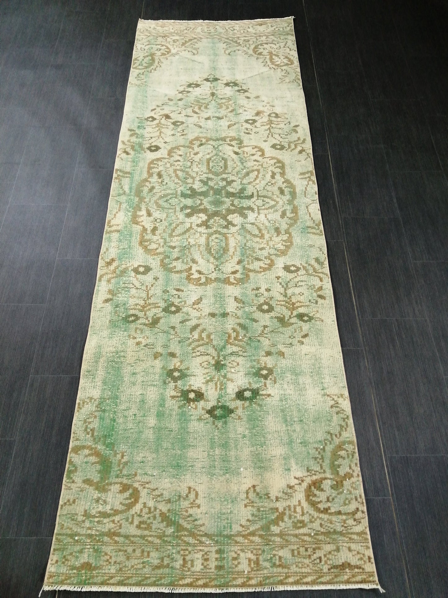 Green Oushak Runner Rug 2.9 x 9.2 Distressed Turkish Rug Runner Vintage Runner Rug Hallway Runner Rug Kitchen Runner