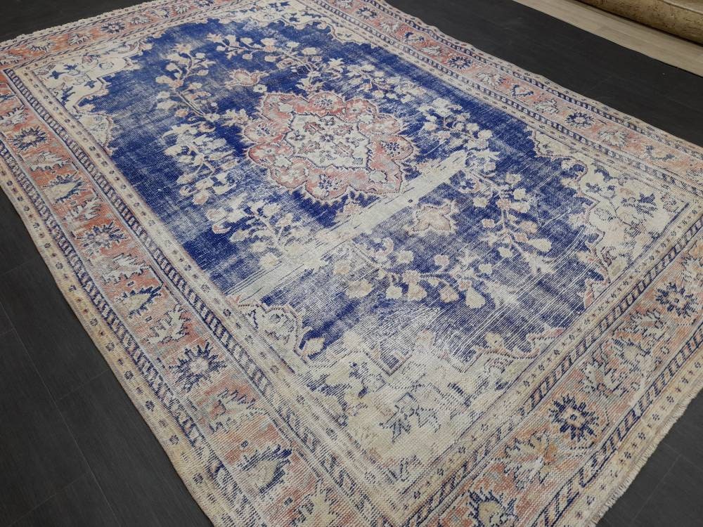 Antique Distressed RUG Wool Distressed TURKISH Rug 6.6 x 9.6 Blue Vintage Rug Vintage Rug Wool Oushak Rug Hand Made Rug Hand Knotted Rug