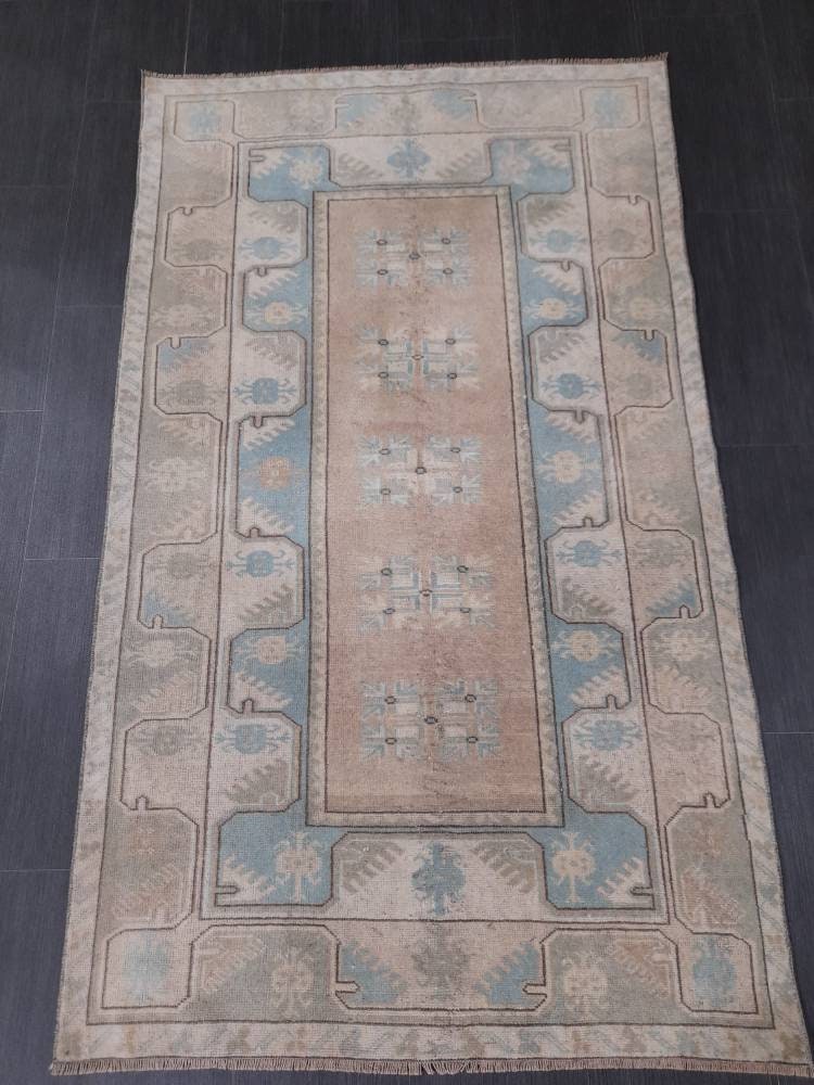 Muted Vintage Turkish Rug 3.5 x 6 Oushak Rug, Wool Oriental Rug, Blue Muted Vintage Persian Rug, Hand Made Rug Blue Vintage Wool Rug