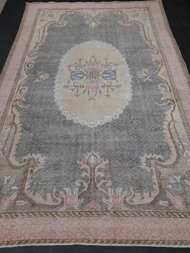 Floral Vintage OUSHAK RUG Antique TURKISH Rug Vintage Distressed Oriental Rug 6.6 x 10.4 Wool Rug Hand Made Vintage Rug 7x10 Turkish Rug