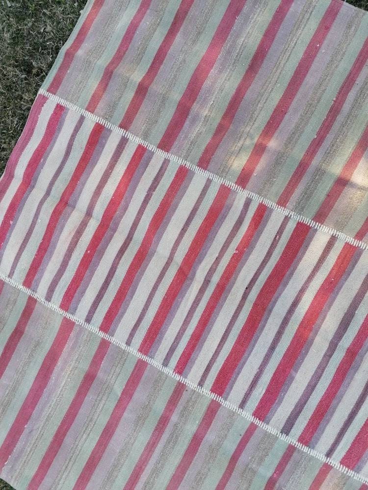 6'9x8'5 flatwoven kilim rug, stripe turkish hand made rugs vintage turkish rugs oushak rug vintage oushak rug, wool rug