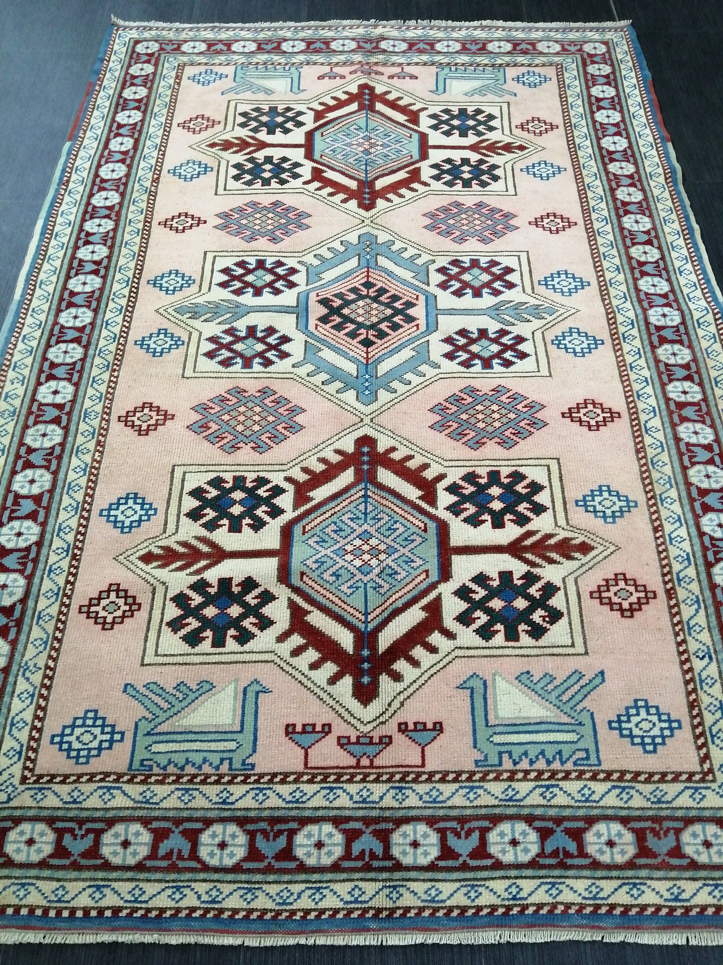 Muted Pink and Blue Wool RUG 5.8 x 3.9 Vintage Oushak Rug Vintage Rug Wool Oushak Rug Hand Made Rugs Vintage Turkish Rug