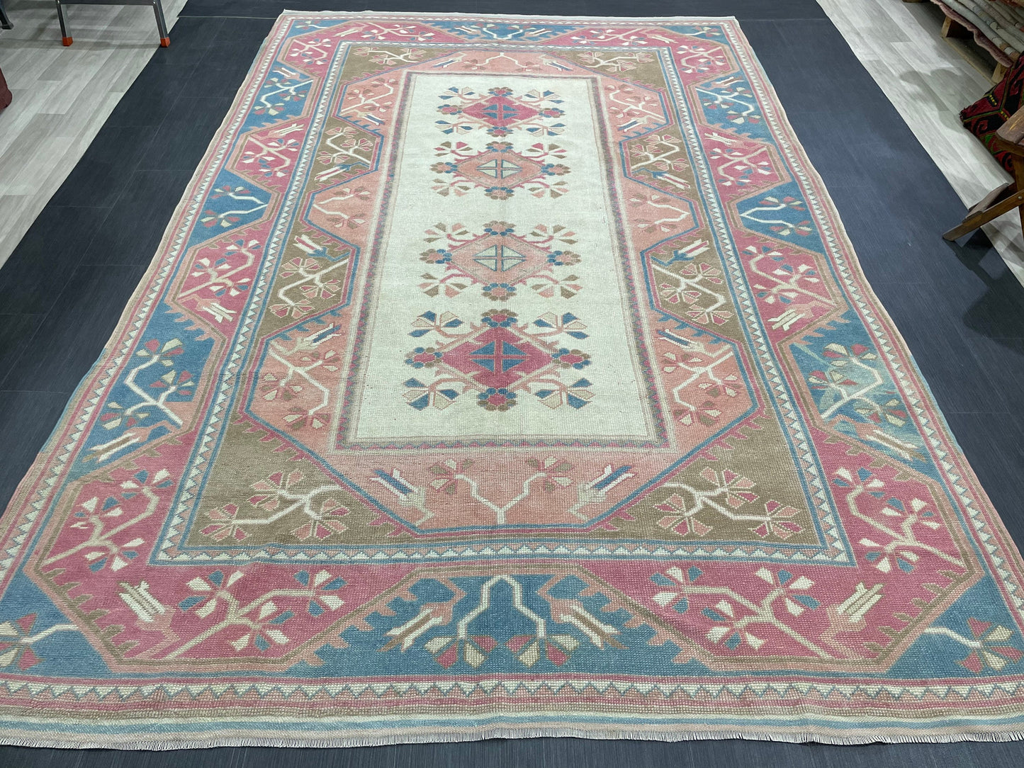 Hand Knotted Oushak Rug 6.8 x 10.3 Vintage Rug Handmade Turkish Rug Persian Rug Vintage Rug, Wool Blue and Pink Rug Large Rug