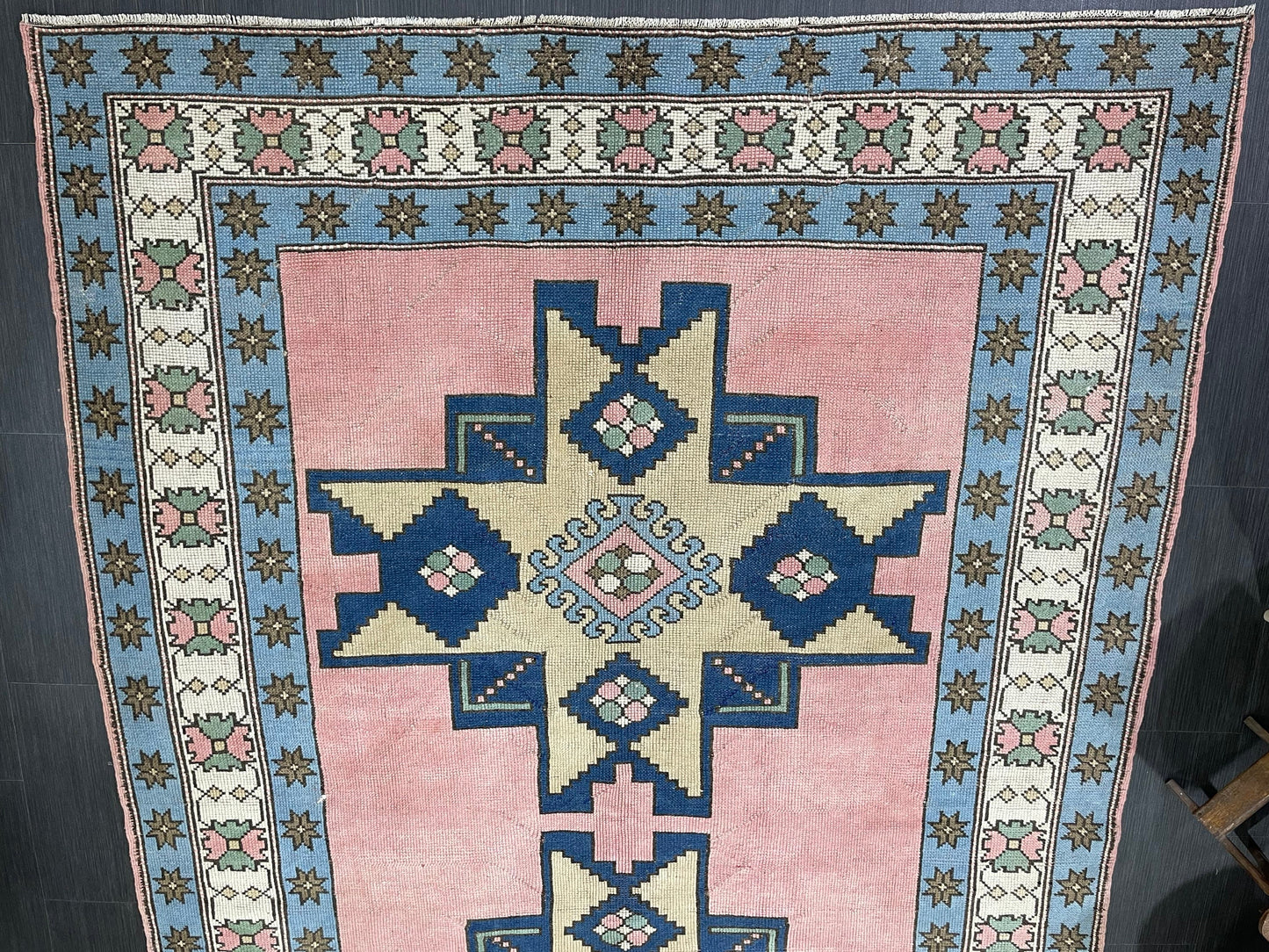 Wool OUSHAK RUG TURKISH 6.6 x 10 Rug Vintage Oriental Rug Vintage Handmade Rug Wool Vintage Pink and Blue Rug Hand Knotted Rug