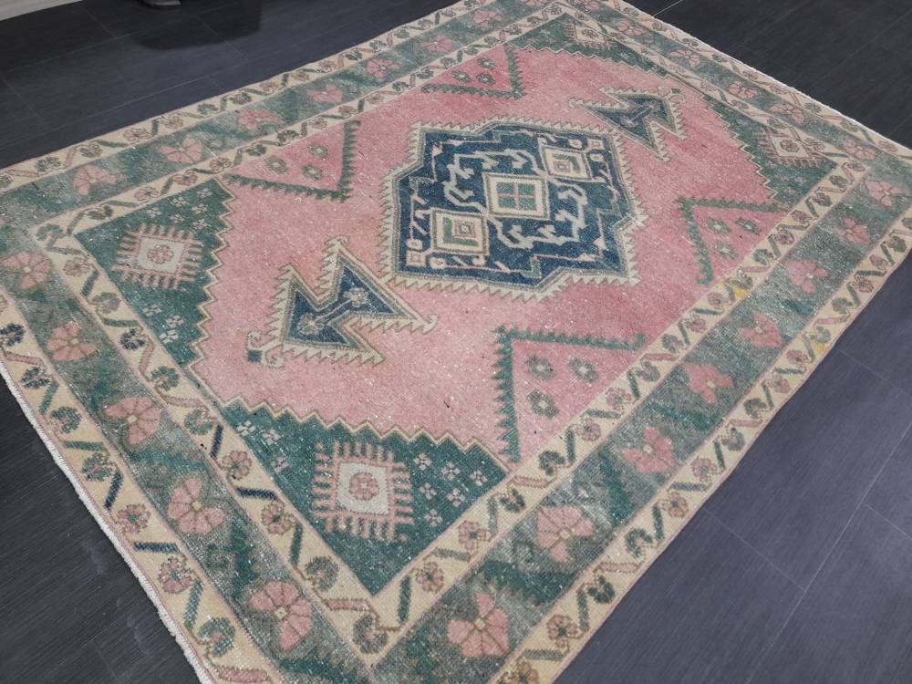 Vintage Oriental RUG Muted 4.6 x 6.4 Vintage TURKISH Rug Muted Vintage Persian Rug Vintage Wool Pink and Green Rug Muted Hand Made Rug