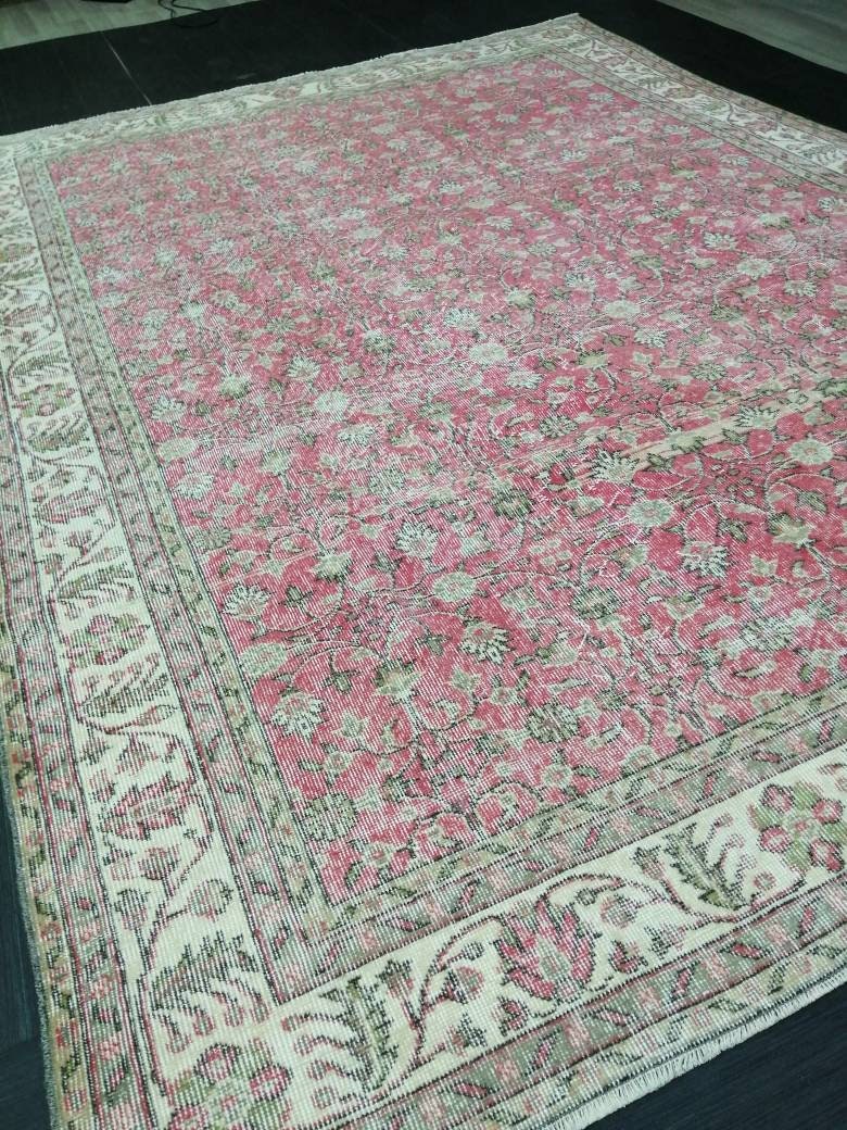 Vintage RUG 7.4 x 10.4 Vintage TURKISH Rug Persian Vintage Rug Floral Oushak Rug Large Hand Made Rugs Vintage Turkish Pink Rug 7x10