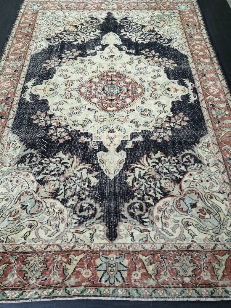 Vintage RUG 7 x 10. 4 TURKISH Oushak Rug Vintage Navy Oriental Rug Vintage Persian Rug Hand Made Rugs Turkish Rug