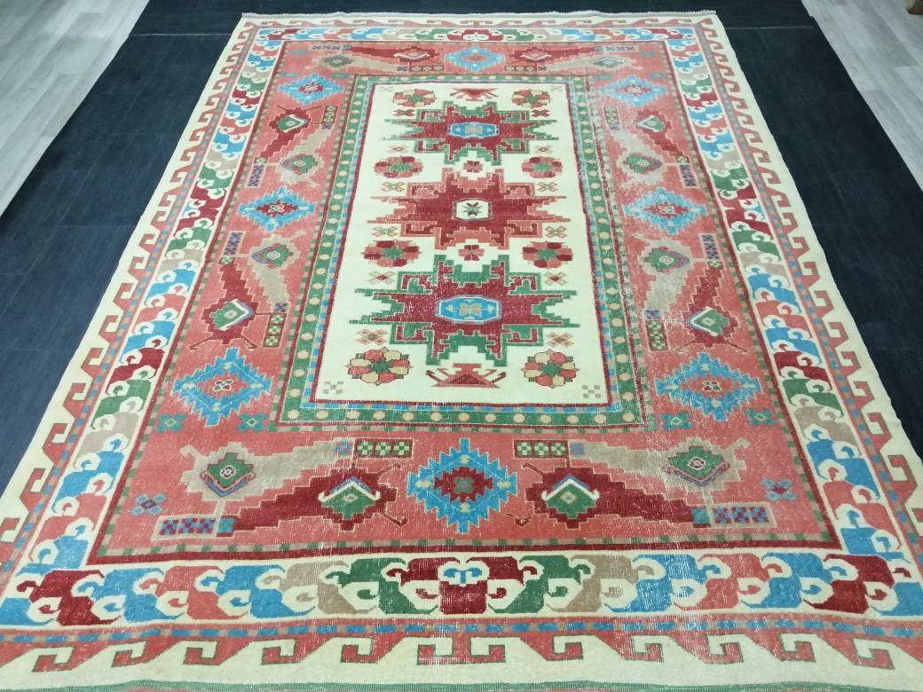 Vintage Rug 6.7 x 9 TURKISH HAND MADE Rug Vintage Turkish Rugs Oushak Rug Turkish Oushak Rug, Vintage Oushak Rug, Wool Rug