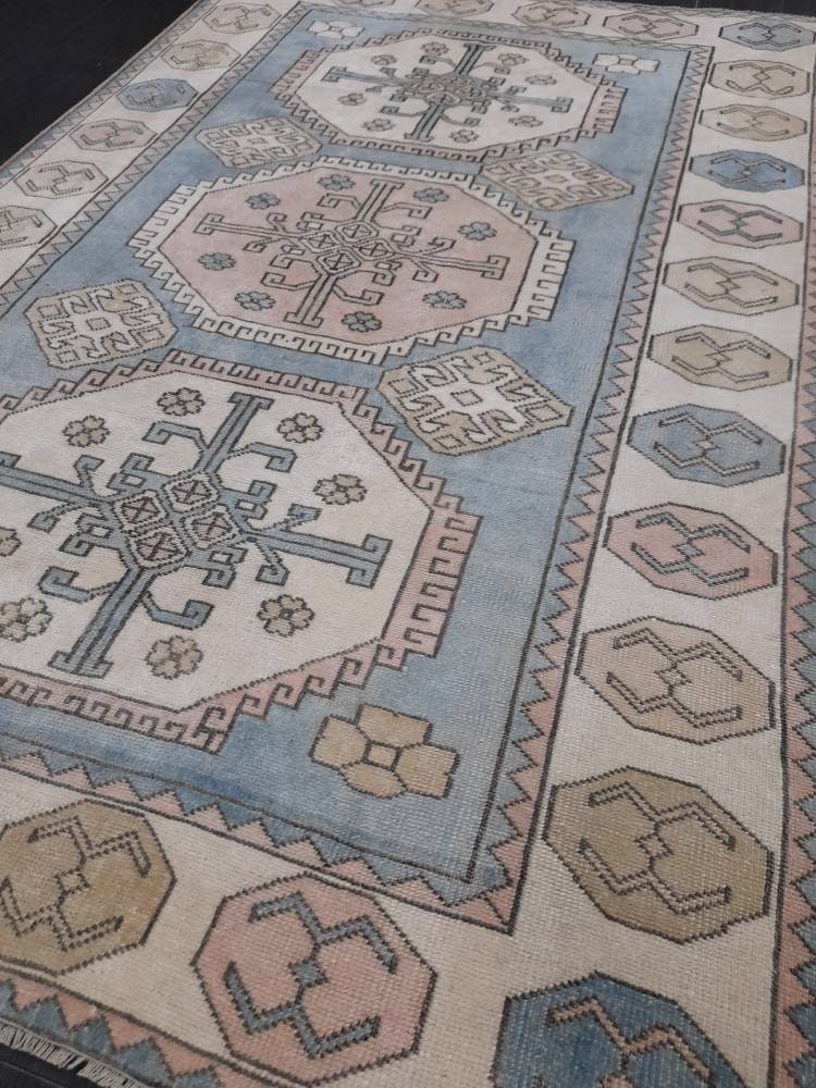 Distressed Wool Hand Made Rug Vintage Oushak Rug Blue 5x8 Oriental Rug, Rug Vintage Turkish Rug, Farmhouse Rug Vintage Rug Living room Rug