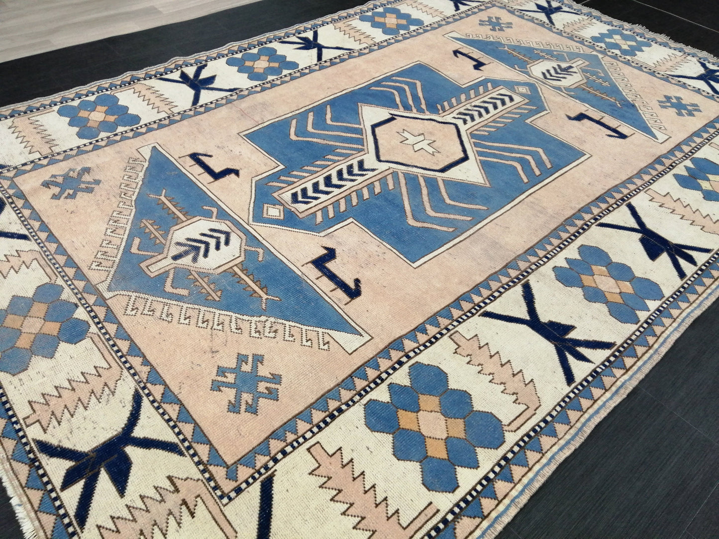 Blue Wool Rugs 6.8 x 10 Vintage Hand Made Rug, Oushak Rug, Turkish Rug, Farmhouse Rug Vintage Rug, Wool rug Oriental Rug 7x10 rug
