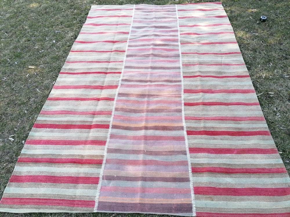 Flatwoven kilim rug, stripe turkish hand made rugs 6'7*10 vintage turkish rugs oushak rug vintage oushak rug, wool rug