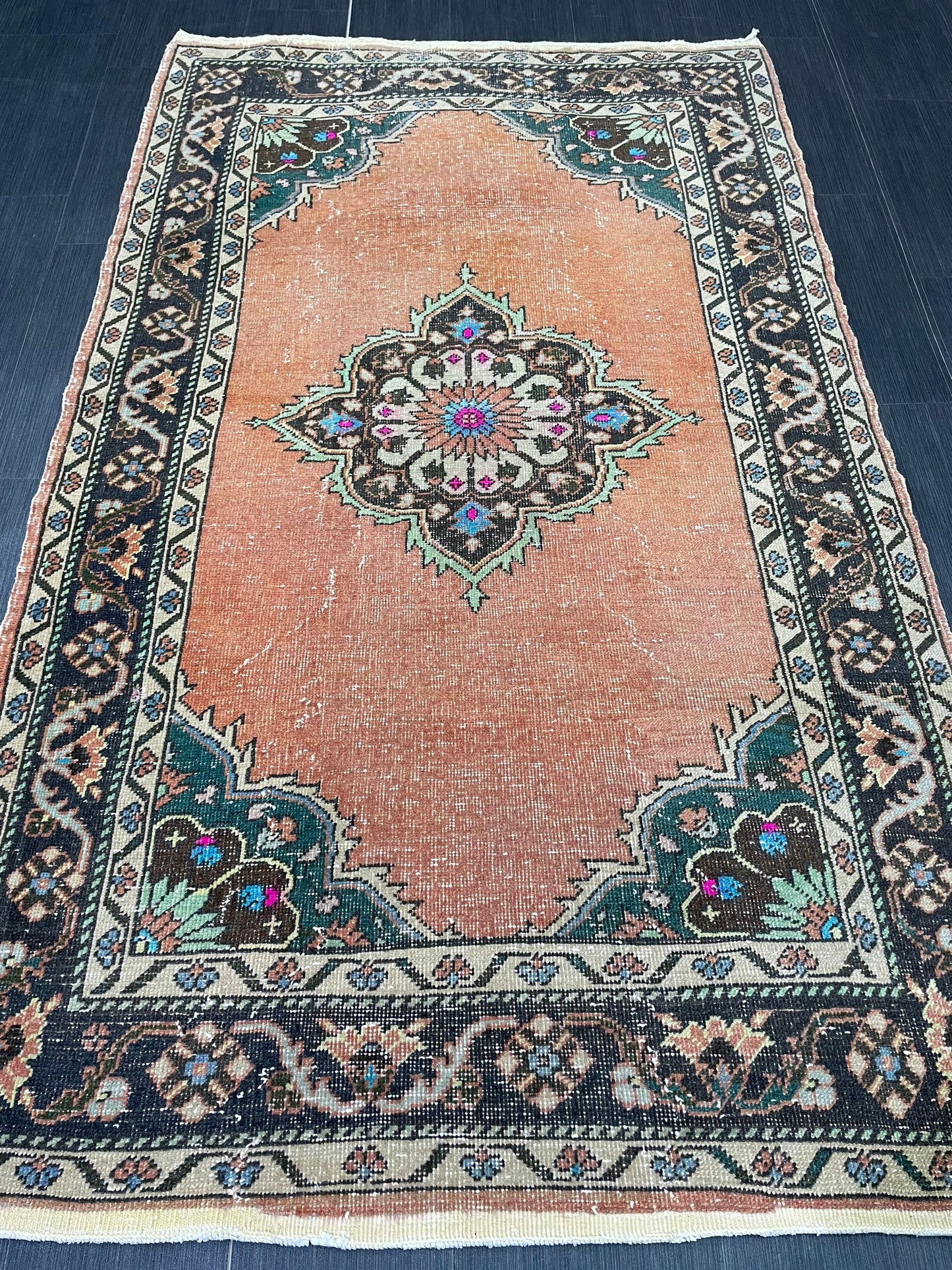 Hand Knotted Rug 4 x 7.2 Handmade Rug Muted Vintage Oushak Rug Wool Oriental Rug Hand Made Rugs Vintage Turkish Rug Muted Persian Wool Rug