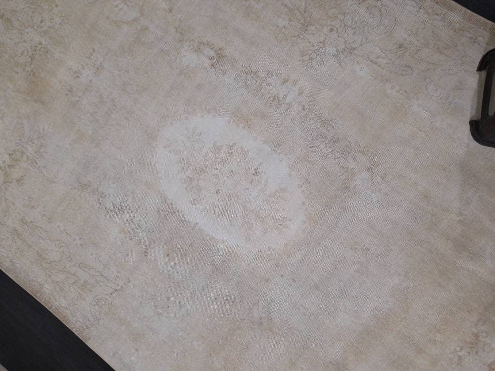 Neutral Rug Hand Knotted Rug Neutral Vintage Rug 6.6 x 10.3 Muted Oushak Rug Ivory Rustic Rug Beige Turkish Rug, Farmhouse Rug, Wool rug