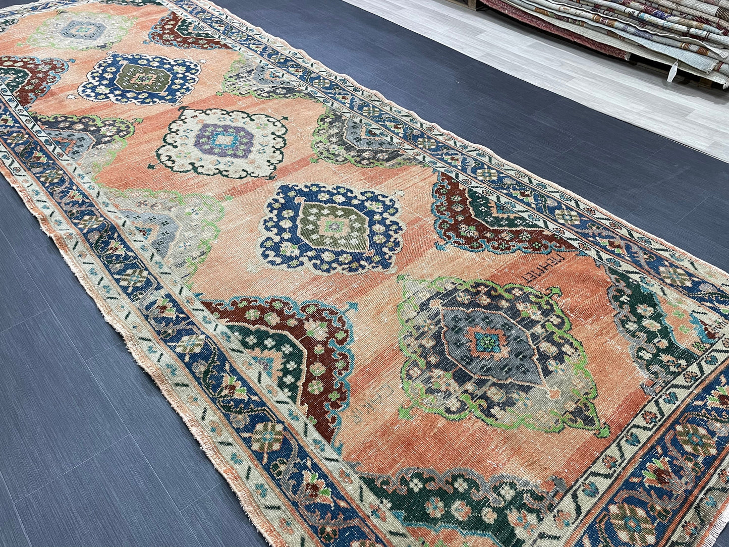 Vintage Hand Knotted Vintage 4.8 x 13 Runner Oushak Runner Rug Turkish Runner Rug Vintage Runner Rug Star Kitchen Runner Natural Wool