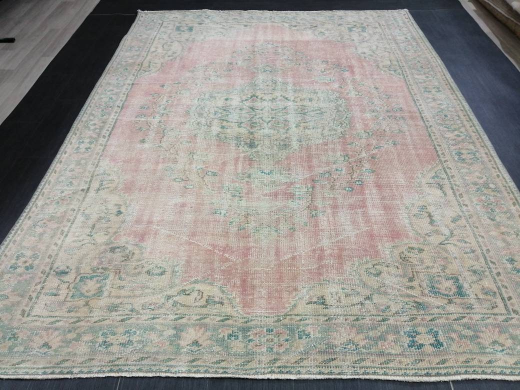 Large Vintage RUG Vintage TURKISH Rug 6.7 x 9 Vintage Distressed Rug Vintage Oushak Rug Hand Made Rugs Antique Turkish Rug Oriental Rug