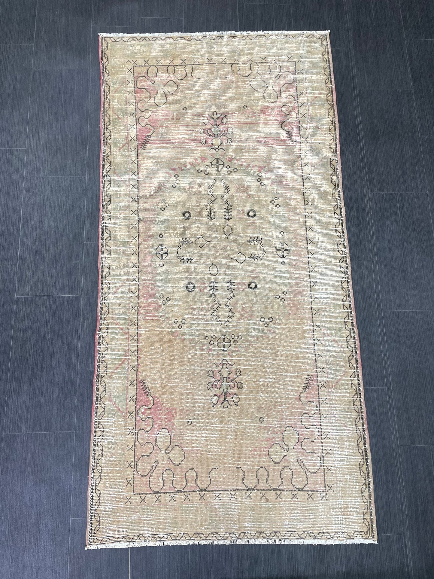 Soft Pink Vintage Turkish Rug 3.3 x 6.8 Vintage Persian Rug Muted Hand Knotted Rug Wool Oushak Rug Handmade Rugs Vintage Turkish
