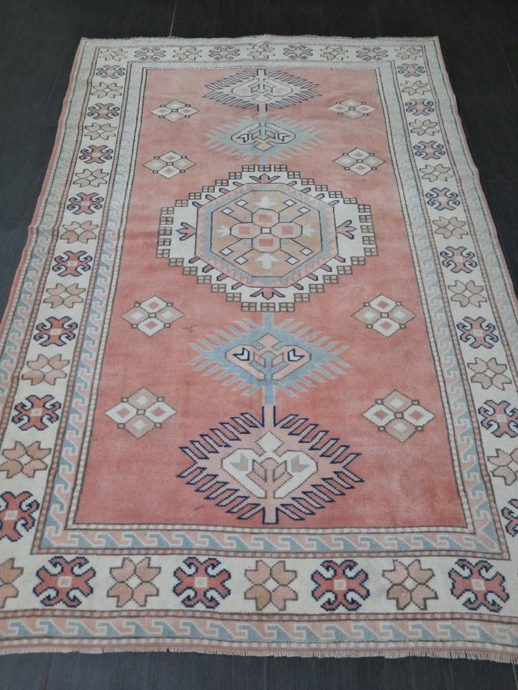 Muted Vintage Turkish Rug 5.2 x 8 Oushak Rug, Wool Oriental Rug Pink Muted Vintage Persian Rug, Hand Made Rug Pink Vintage Wool Rug 5x8
