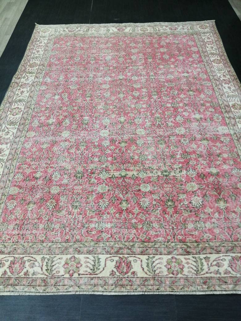 Vintage RUG 7.4 x 10.4 Vintage TURKISH Rug Persian Vintage Rug Floral Oushak Rug Large Hand Made Rugs Vintage Turkish Pink Rug 7x10