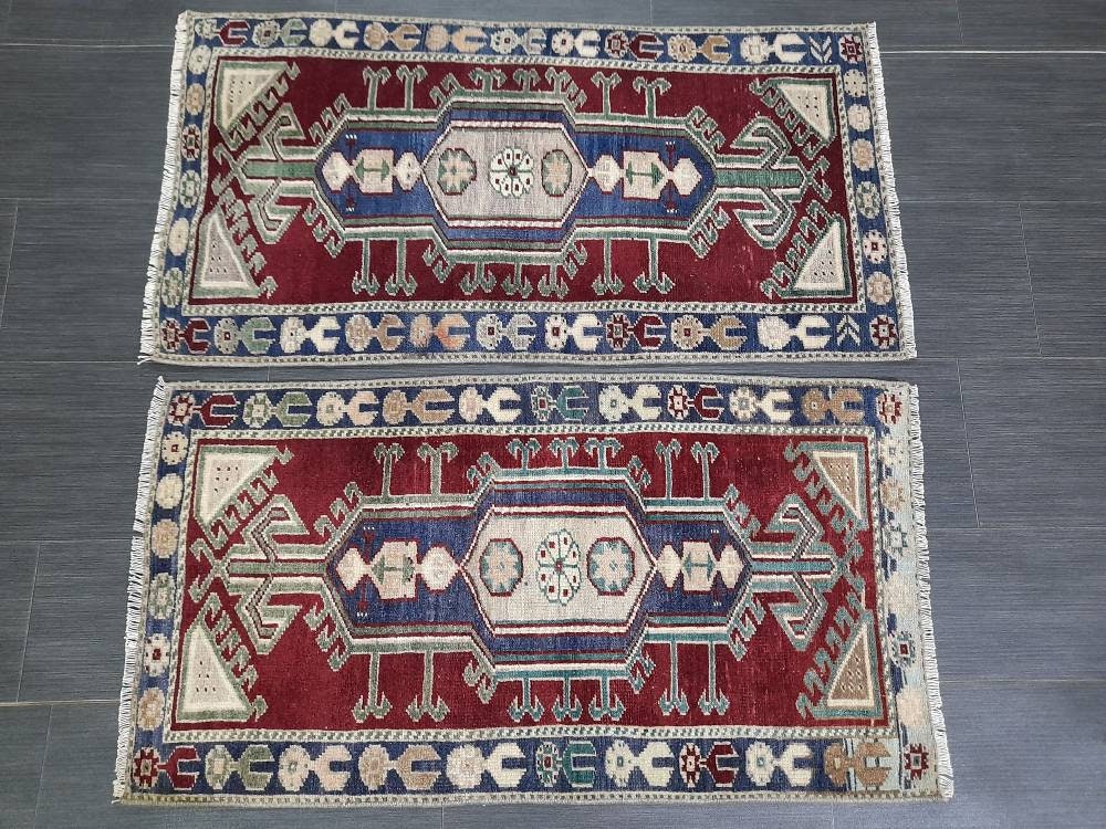 Pair Of Small Rug Turkish Rug Mini Rug Twin Small Area Rug 2x4 Turkish Rug Oushak Rug Persian Hand Made Rug Matching Oriental Vintage Rug