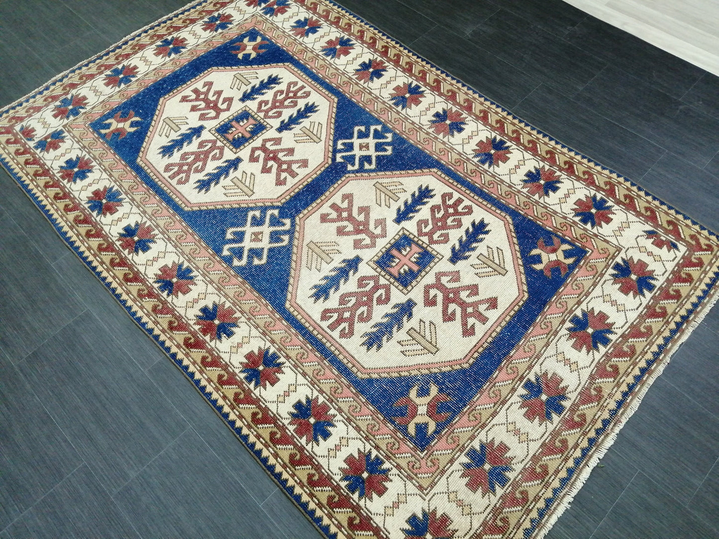 7.3 x 4.7 Blue Rug, Oriental Vintag Rug, Oushak Rug, Rustic Rug, Bohemian Rug, Rug Runner, Turkish Rug, Farmhouse Rug, Vintage Rug, Wool rug