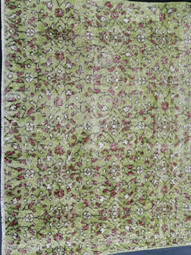 Vintage Green Rug Hand Made Rug, 3.6 x 6.5 Modern Oushak Rug, Boho Leaves Rug, Fun Turkish Rug, Farmhouse Rug, Vintage Wool rug