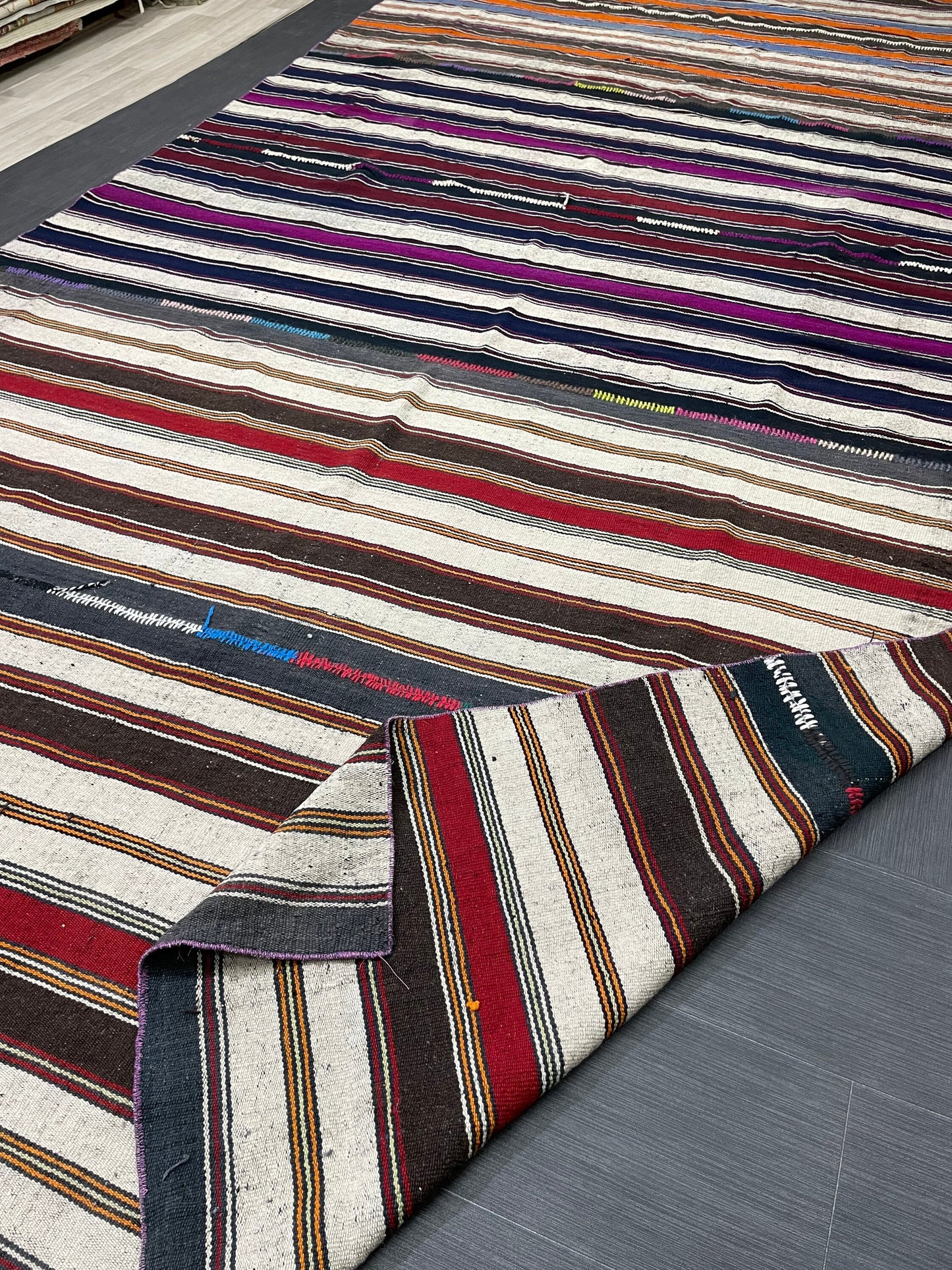 7.5 x 15.4 Vintage Flat woven Rug, Turkish Rug Handmade Flatweave Carpet , Stripped Flatweaving, Rustic Rug, Farmhouse Rug, Oushak Rug