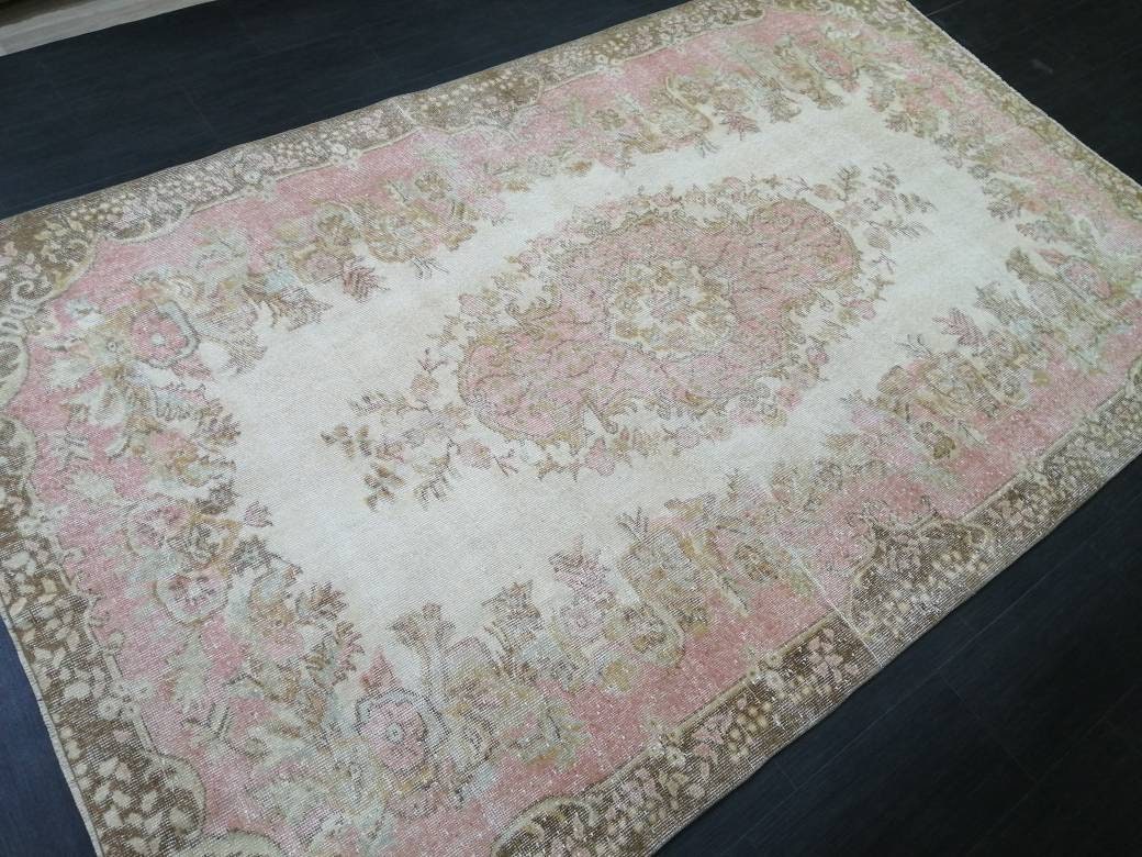 Pink Vintage RUG 5.8 x 9.5 Vintage TURKISH Rug Vintage Oushak Rug Vintage Pink Persian Rug Wool Oriental Rug Hand Made Muted Oriental rug