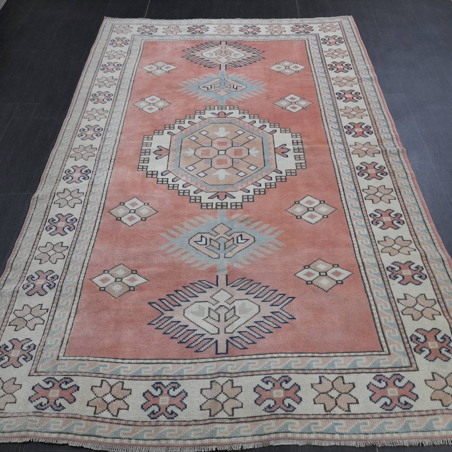 Muted Vintage Turkish Rug 5.2 x 8 Oushak Rug, Wool Oriental Rug Pink Muted Vintage Persian Rug, Hand Made Rug Pink Vintage Wool Rug 5x8