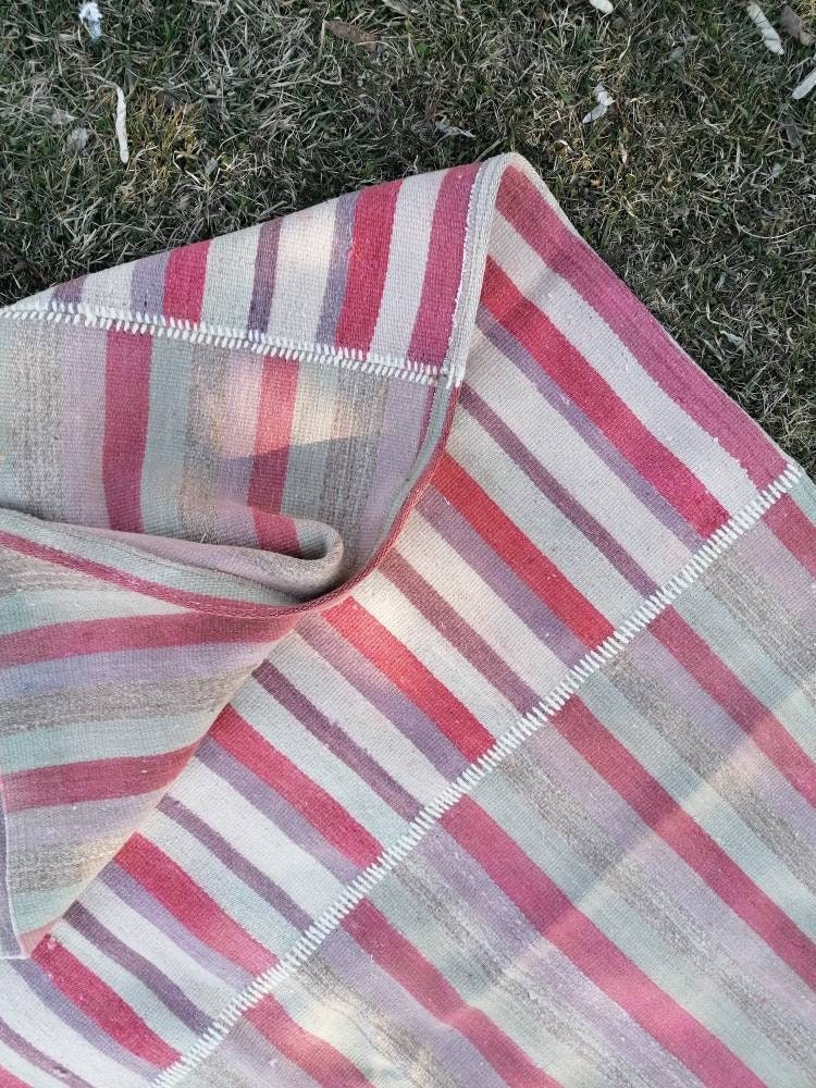 6'9x8'5 flatwoven kilim rug, stripe turkish hand made rugs vintage turkish rugs oushak rug vintage oushak rug, wool rug