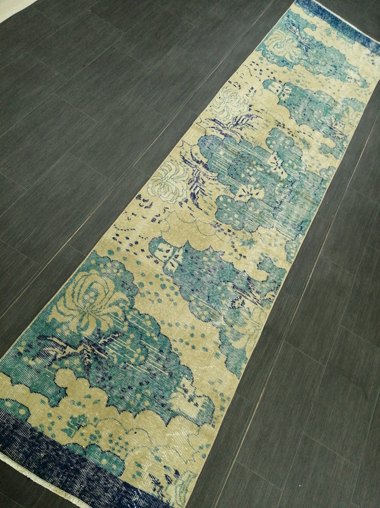 Oushak Runner Rug 10.5 X 2.5 Turkish Runner Rug Vintage Runner Rug Beige and Blue Hallway Runner Rug Kitchen Runner Rug vinatgeturkish_rug