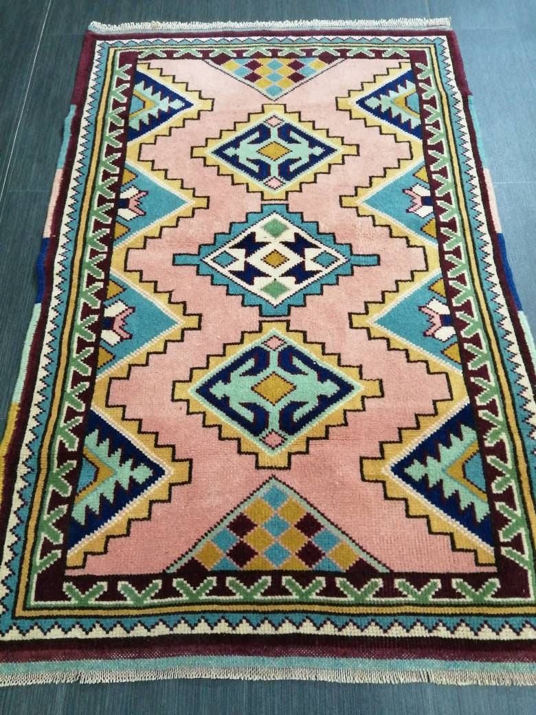 3 x 4.5 PINK AND NAVY Rug Hand Made Rug, High Pile Oushak Rug, Boho Rug, Oriental Rug Plush Turkish Rug, Farmhouse Rug, Vintage Wool rug