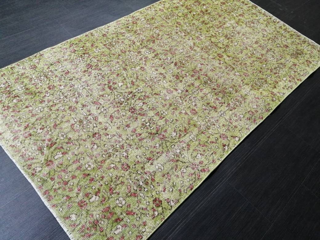 Vintage Green Rug Hand Made Rug, 3.6 x 6.5 Modern Oushak Rug, Boho Leaves Rug, Fun Turkish Rug, Farmhouse Rug, Vintage Wool rug