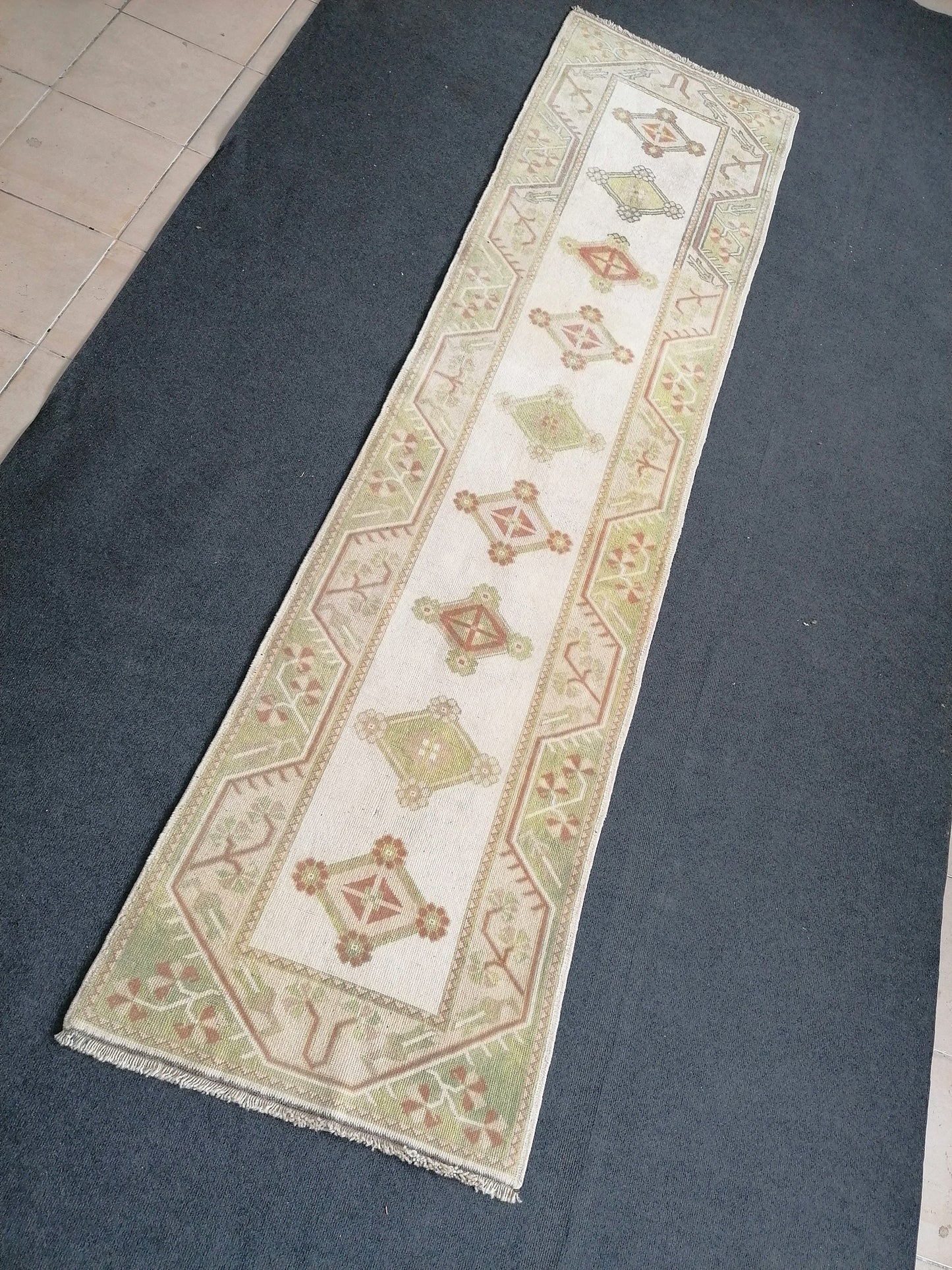 Pastel green runner rug, 2'5x9'5 faded runner rug, turkish runner rug, vintage runner rug, hallway runner rug, kitchen runner