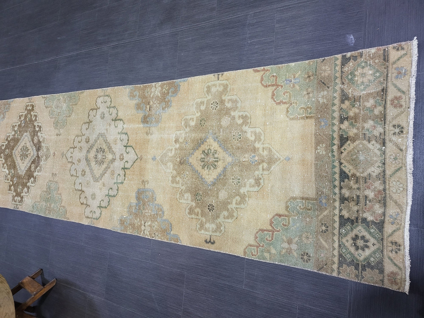 Distressed VINTAGE Rugs, Handmade Runner Rug, Oushak 2.8 x 12.10 Runner Rug, Rustic Runner Rug, Antique Rug, Turkish Rug, Farmhouse Rug,