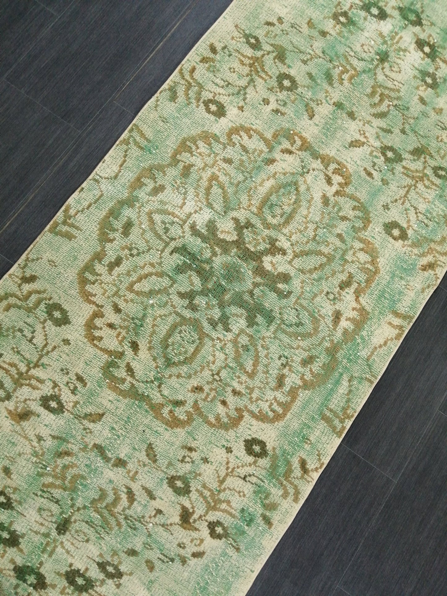 Green Oushak Runner Rug 2.9 x 9.2 Distressed Turkish Rug Runner Vintage Runner Rug Hallway Runner Rug Kitchen Runner