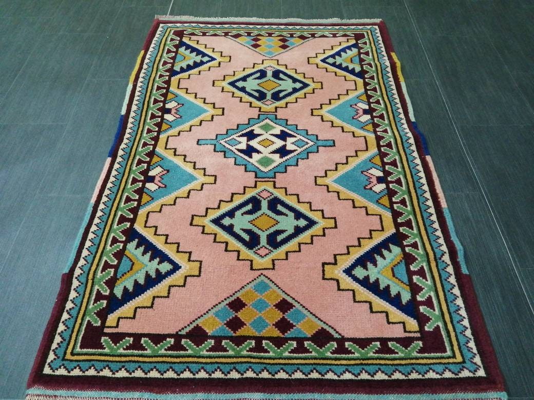 3 x 4.5 PINK AND NAVY Rug Hand Made Rug, High Pile Oushak Rug, Boho Rug, Oriental Rug Plush Turkish Rug, Farmhouse Rug, Vintage Wool rug