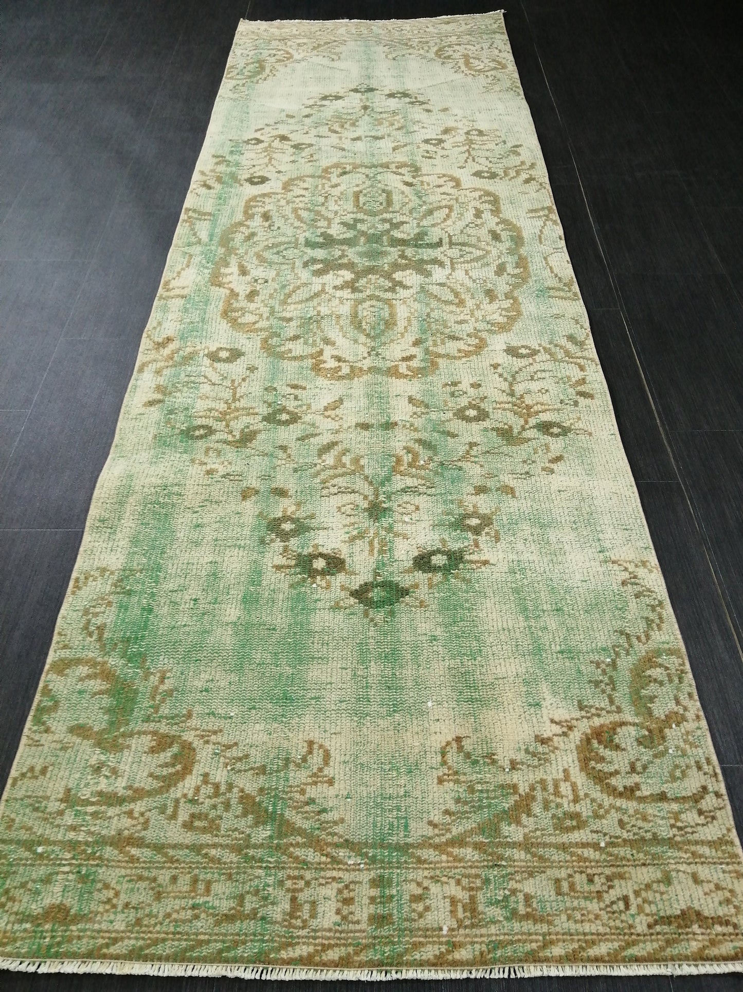 Green Oushak Runner Rug 2.9 x 9.2 Distressed Turkish Rug Runner Vintage Runner Rug Hallway Runner Rug Kitchen Runner